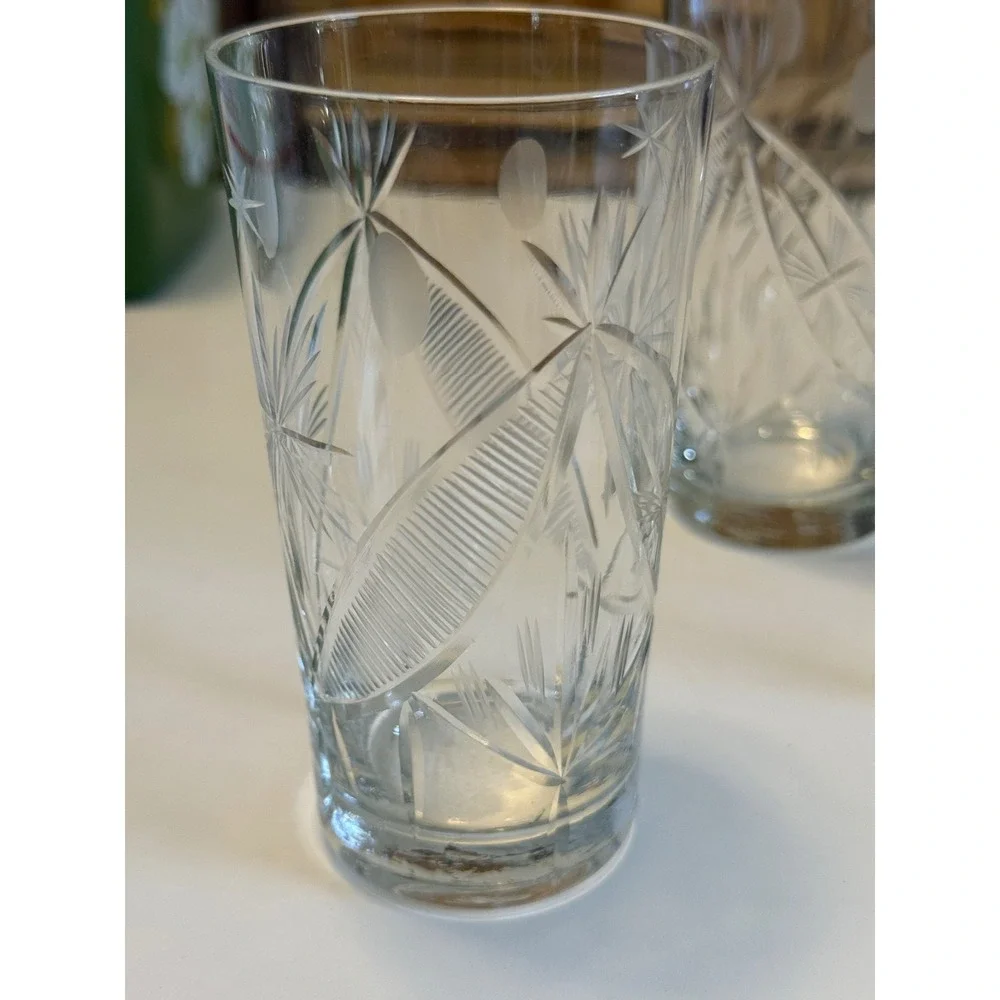 Vintage Cut Glass Highball Tumblers Starburst Wheat Etched‎ Barware Set of 4